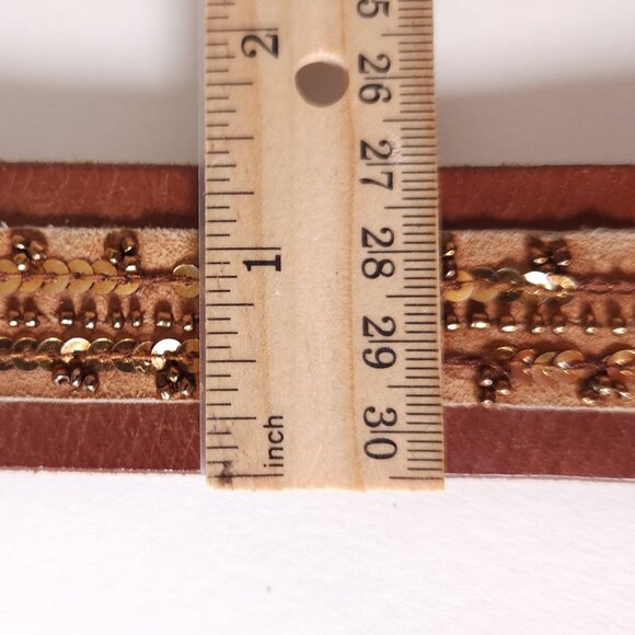 Abercrombie & Fitch Brown Leather Belt Womens S/M Sequins Beads Moose Logo Boho - Picture 4 of 16